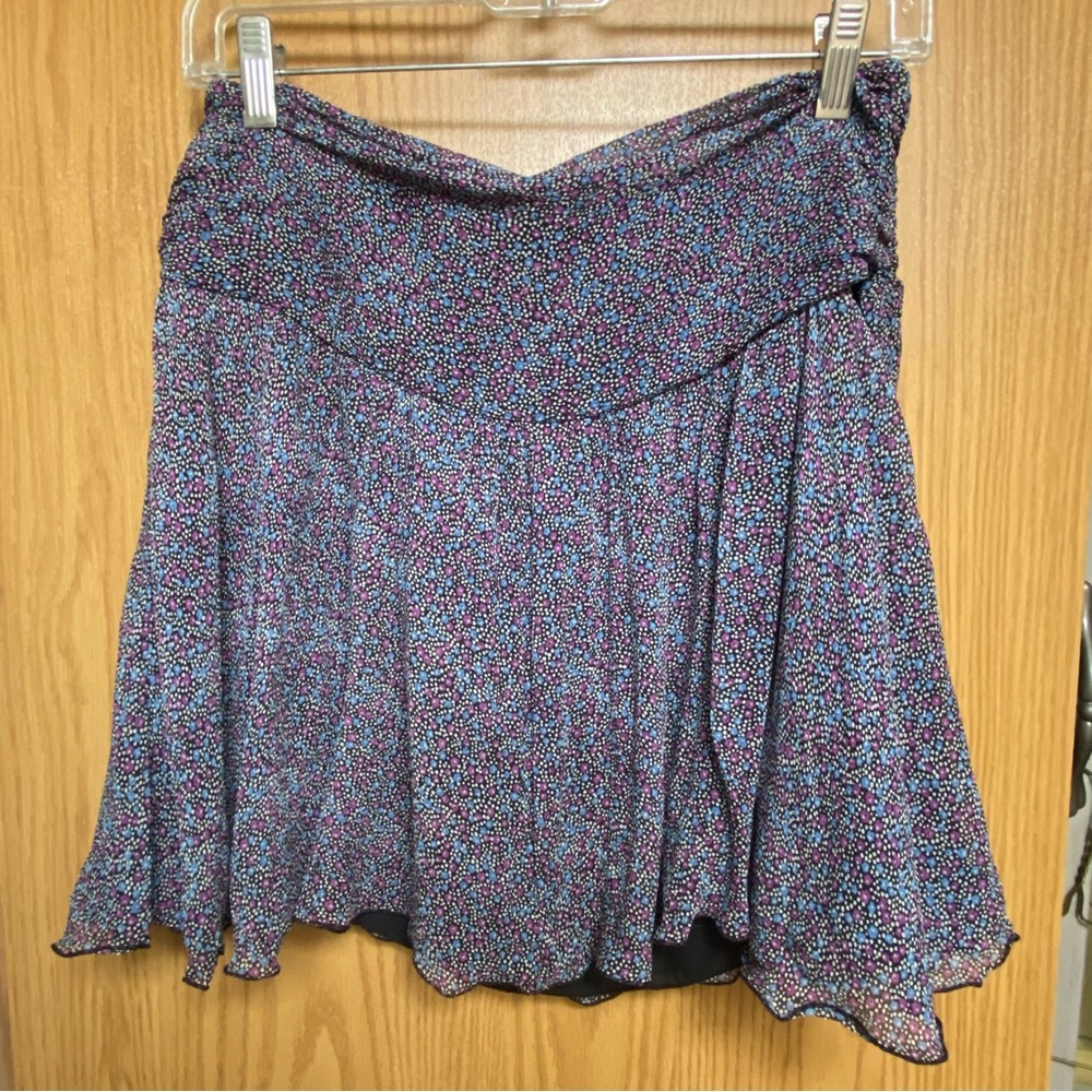 Express mini skirt black w/blue/purple/white floral pattern